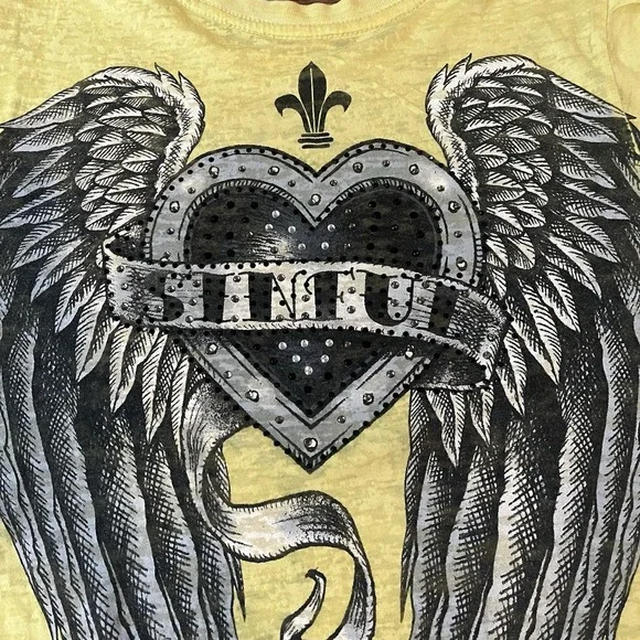 Sinful By Affliction Graphic Tee Women Small Yellow Rhinestone Grunge Biker Goth - Picture 5 of 7